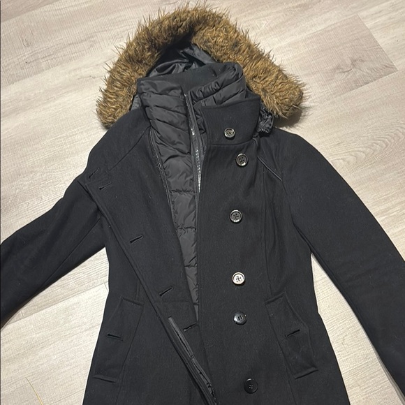 Black Puffer Jacket with Fur Trim Hood - Picture 2 of 5